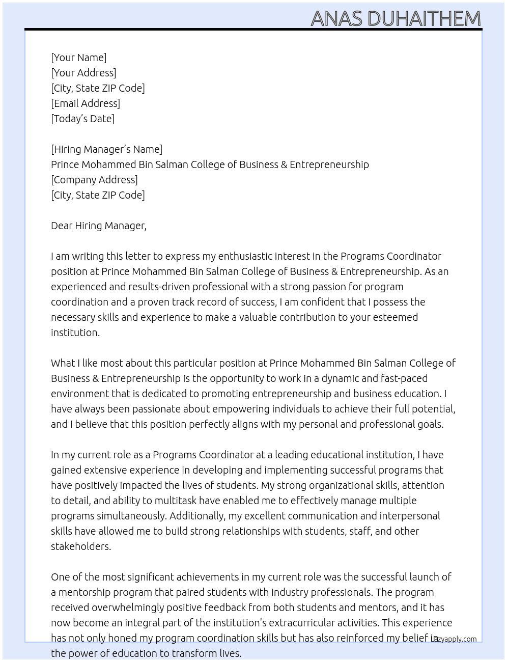 Programs Coordinator At Prince Mohammed Bin Salman College of Business & Entrepreneurship  Cover Letter