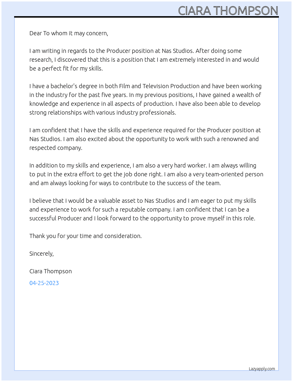 Producer At Nas Studios Cover Letter