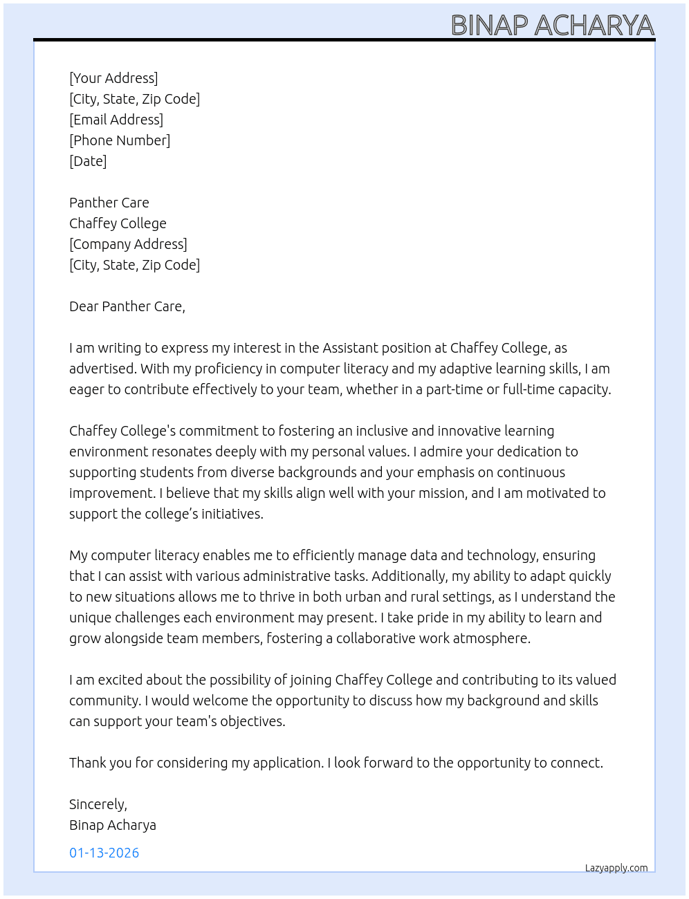 Assistant At Chaffey College Cover Letter