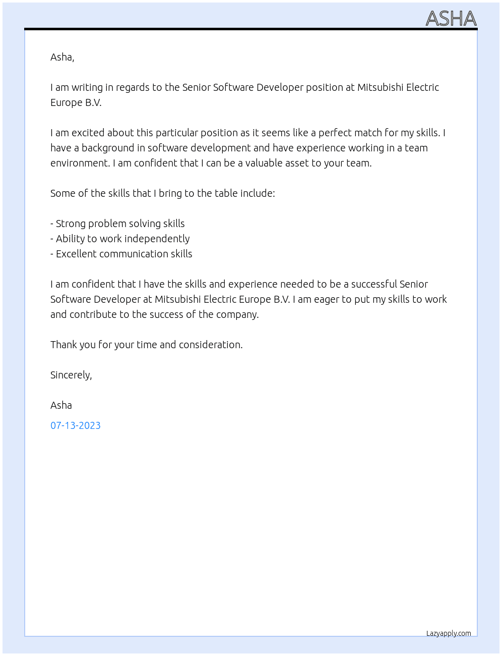 Senior software developer At Mitsubishi Electric Europe B.V. Cover Letter