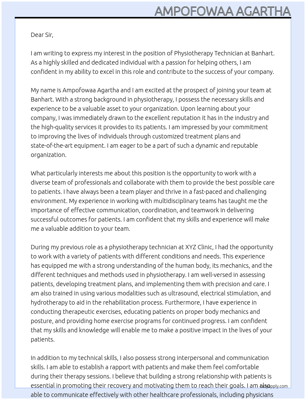 phsiotheapy technician At Banhart  Cover Letter