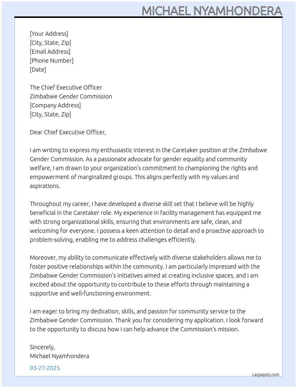 Caretaker At Zimbabwe Gender Commision Cover Letter