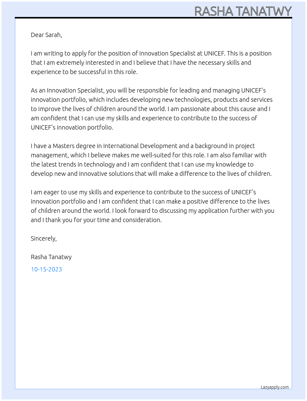 Innovation Specialist  At UNICEF Cover Letter