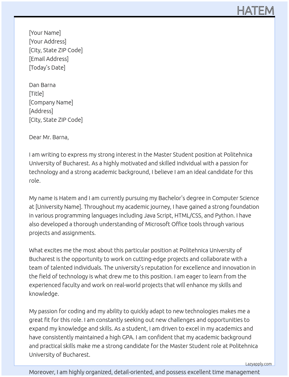 master student At Politehnica University of Bucharest Cover Letter