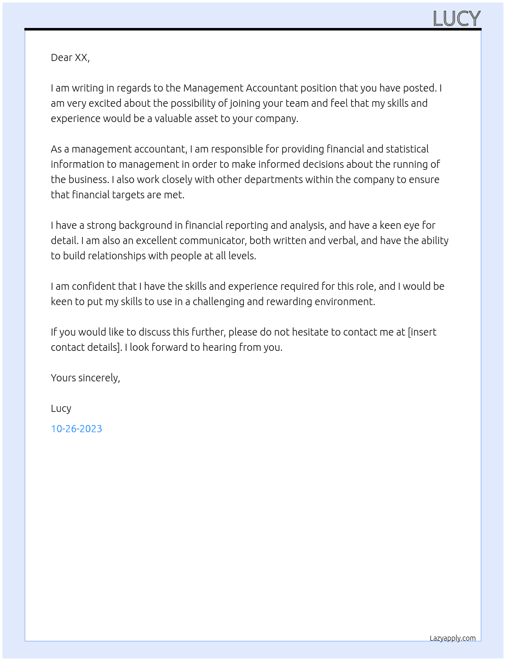 Management Accountant At XX Cover Letter