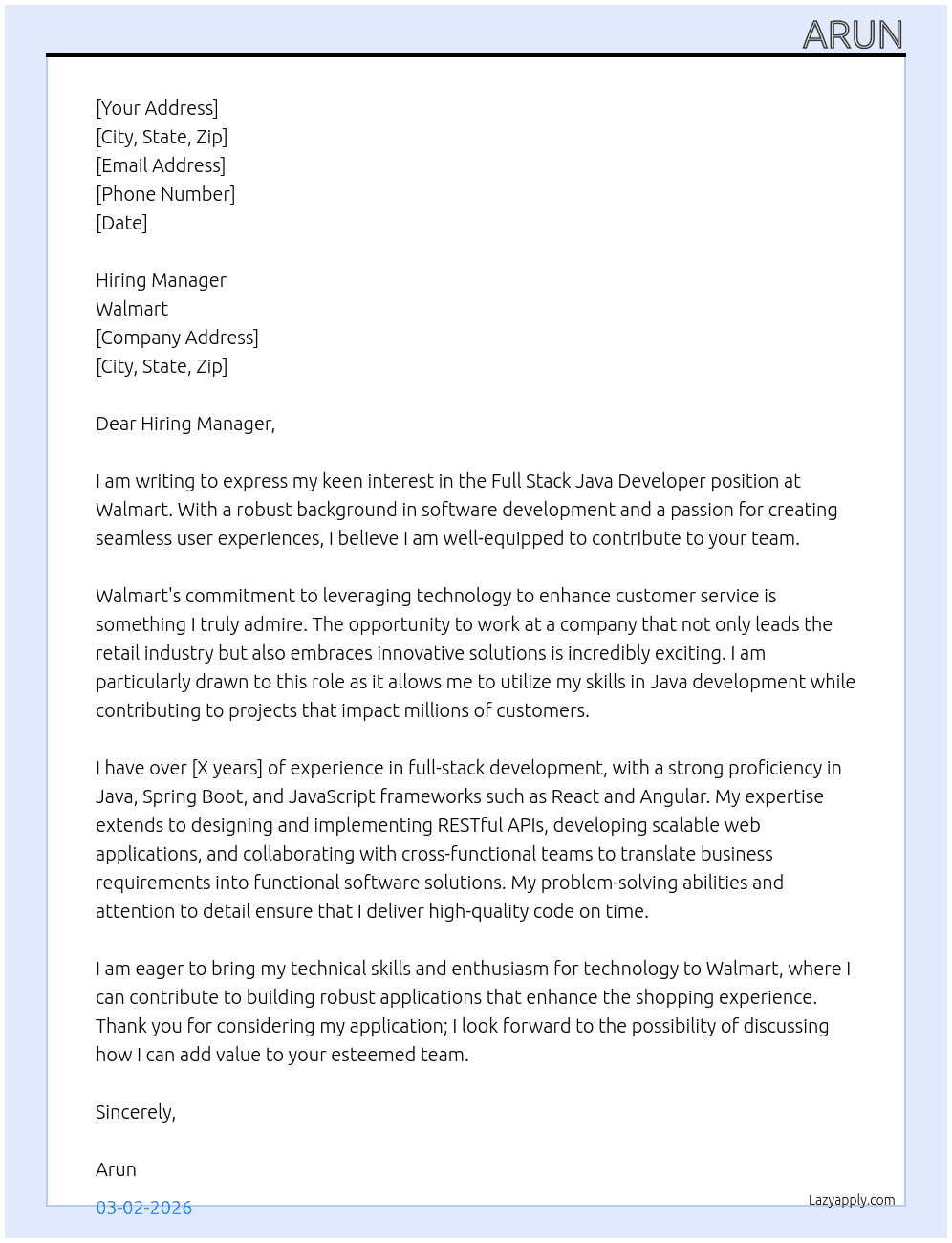 Cover letter for full stack java developer - LazyApply