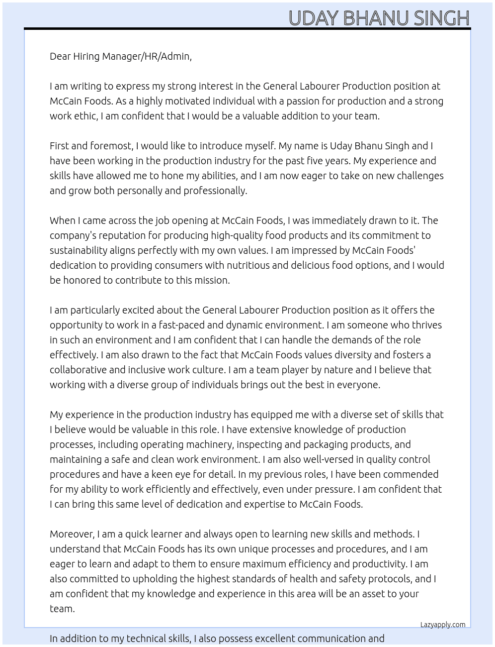 General Labourer Production At McCain Foods Cover Letter