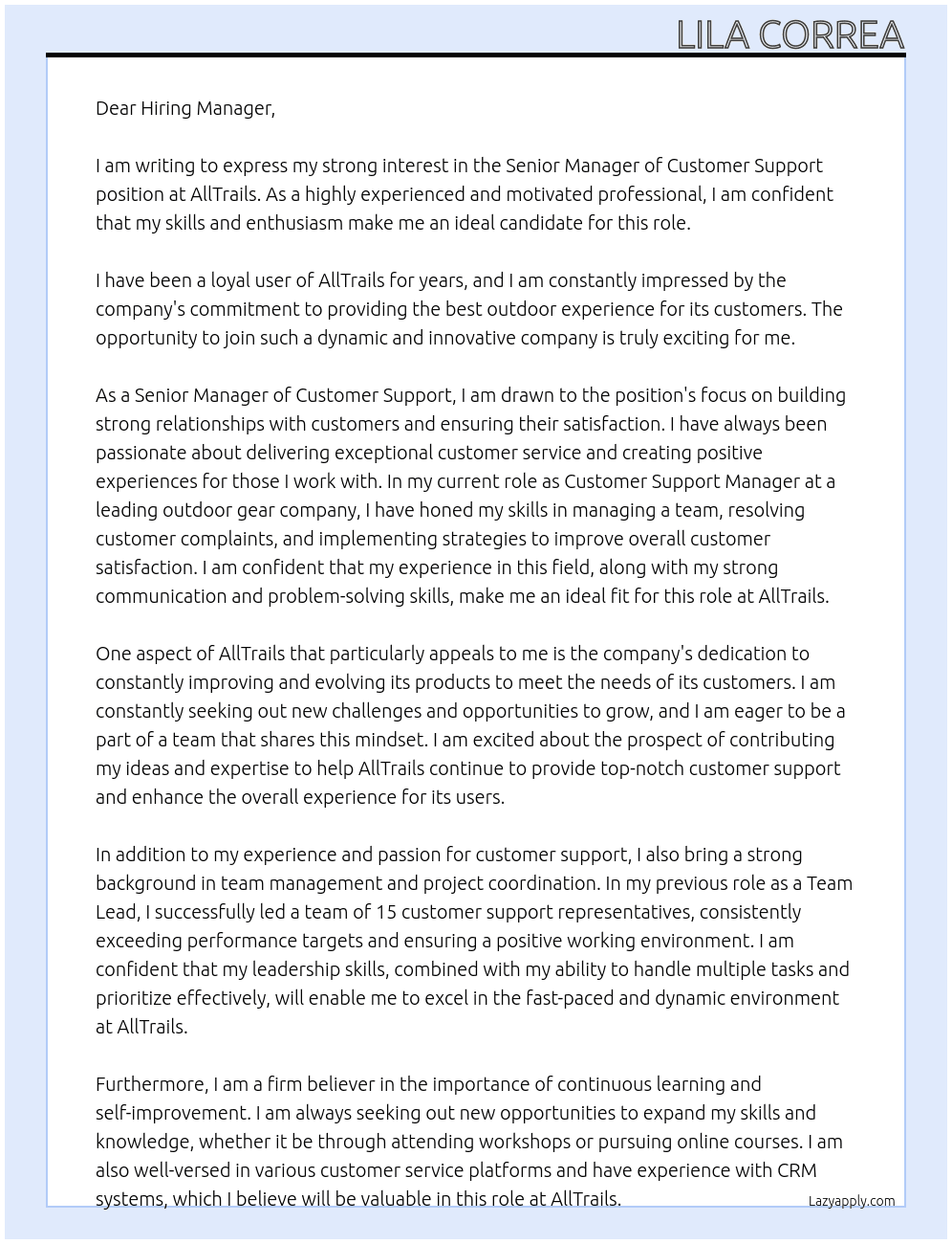 Senior Manager of Customer Support At AllTrails Cover Letter