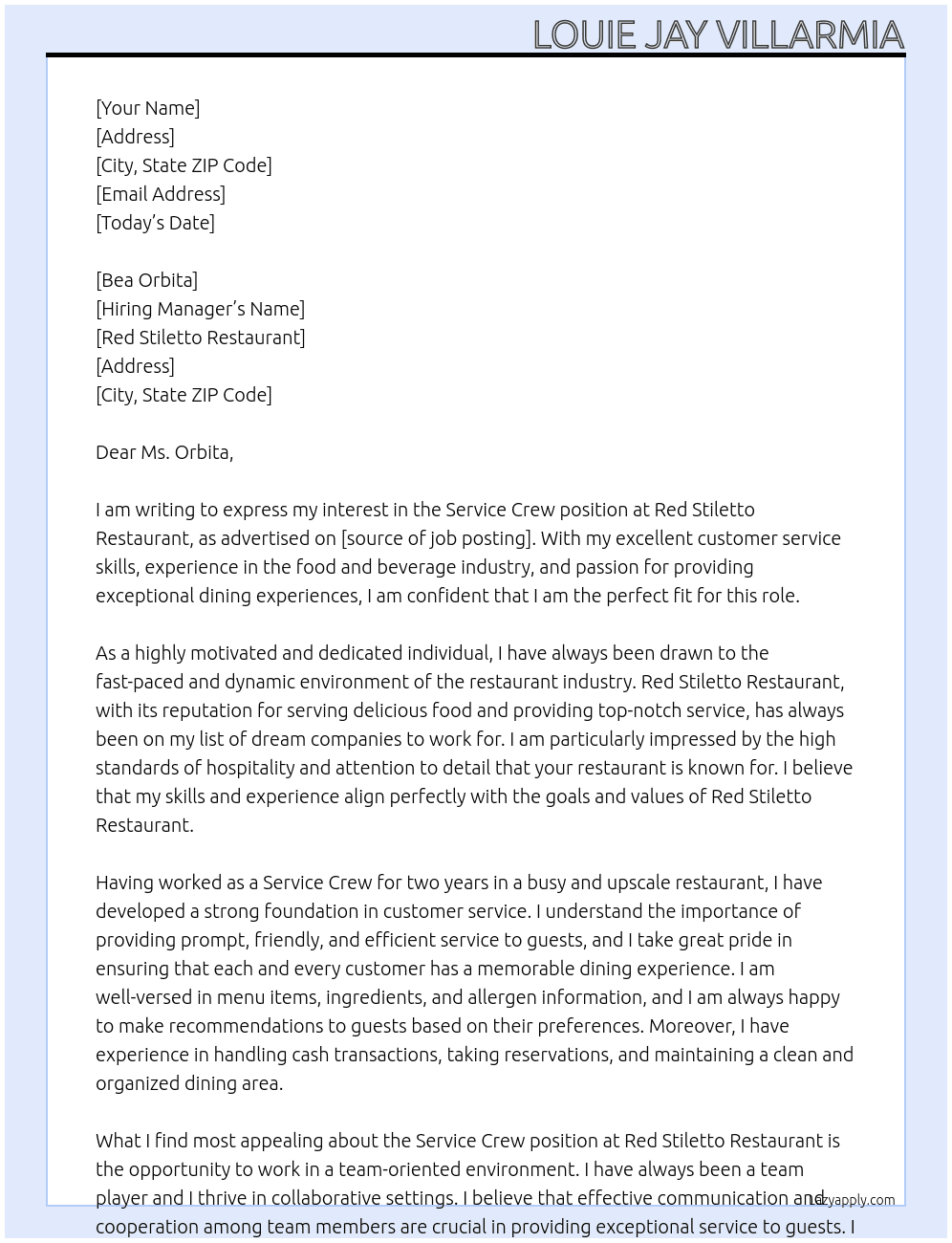 Service Crew At Red Stiletto Restaurant Cover Letter