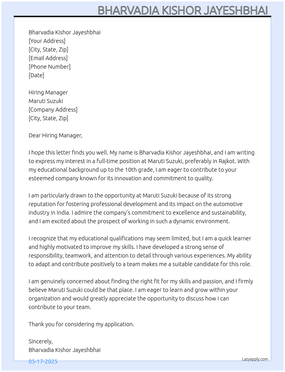 Maruti suzuki  At Maruti suzuki  Cover Letter