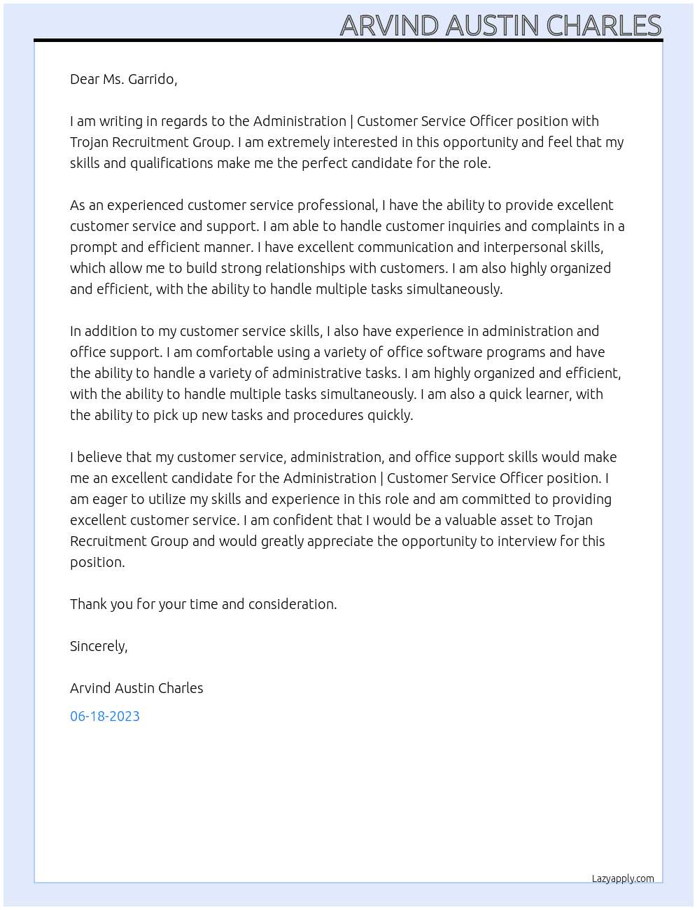 Administration | Customer Service Officer At Trojan Recruitment Group Cover Letter