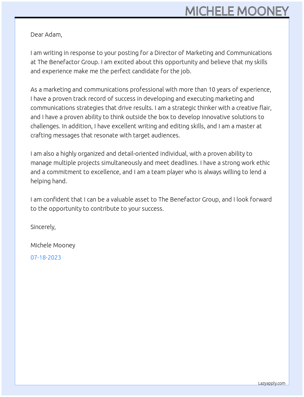 Director of Marketing and Communications At The Buckey Ranch Cover Letter