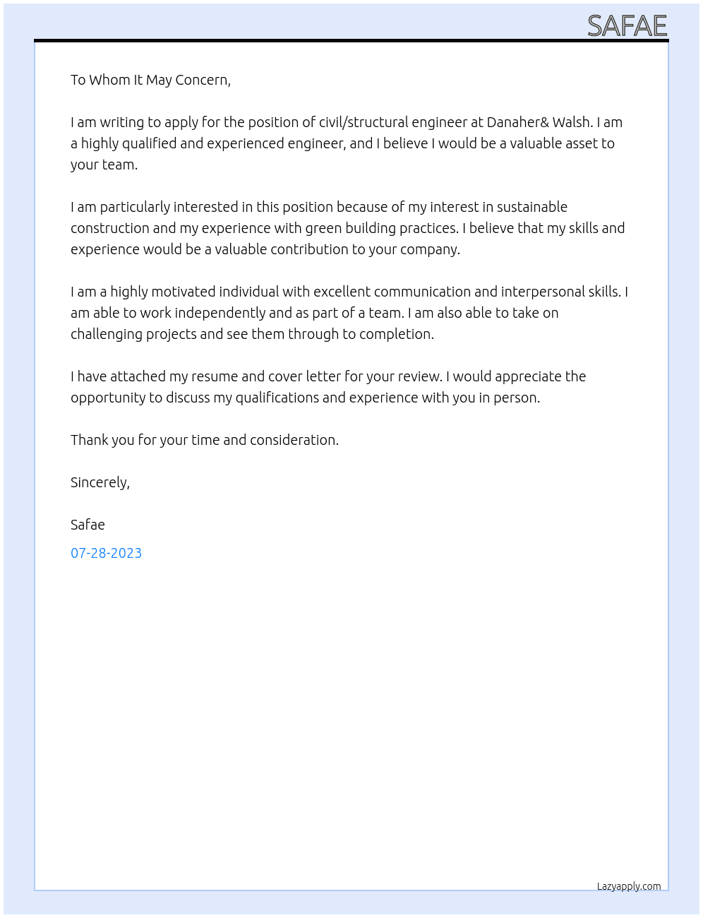 Civil/structural egineer At Danaher& Walsh Cover Letter