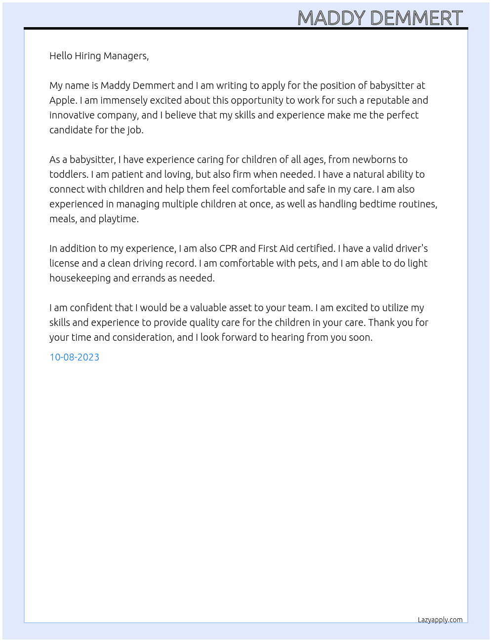 Babysitter At Apple Cover Letter