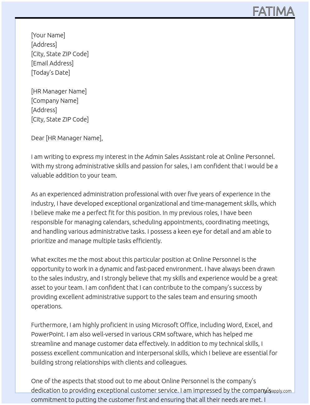 Admin Sales Assistant At Online Personnel Cover Letter