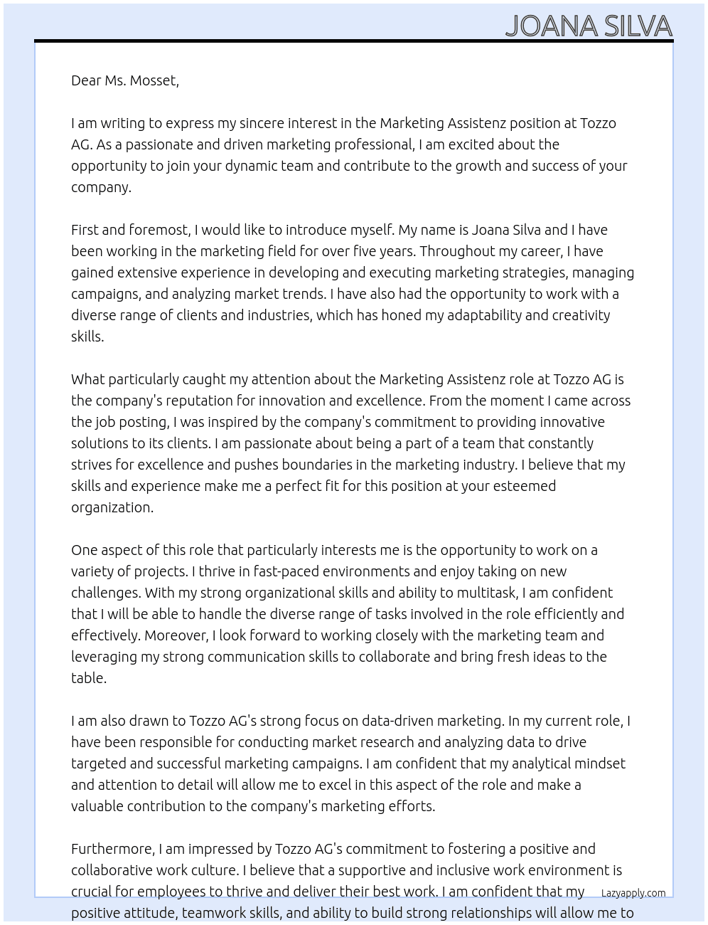 Marketing Assistenz At Tozzo AG Cover Letter