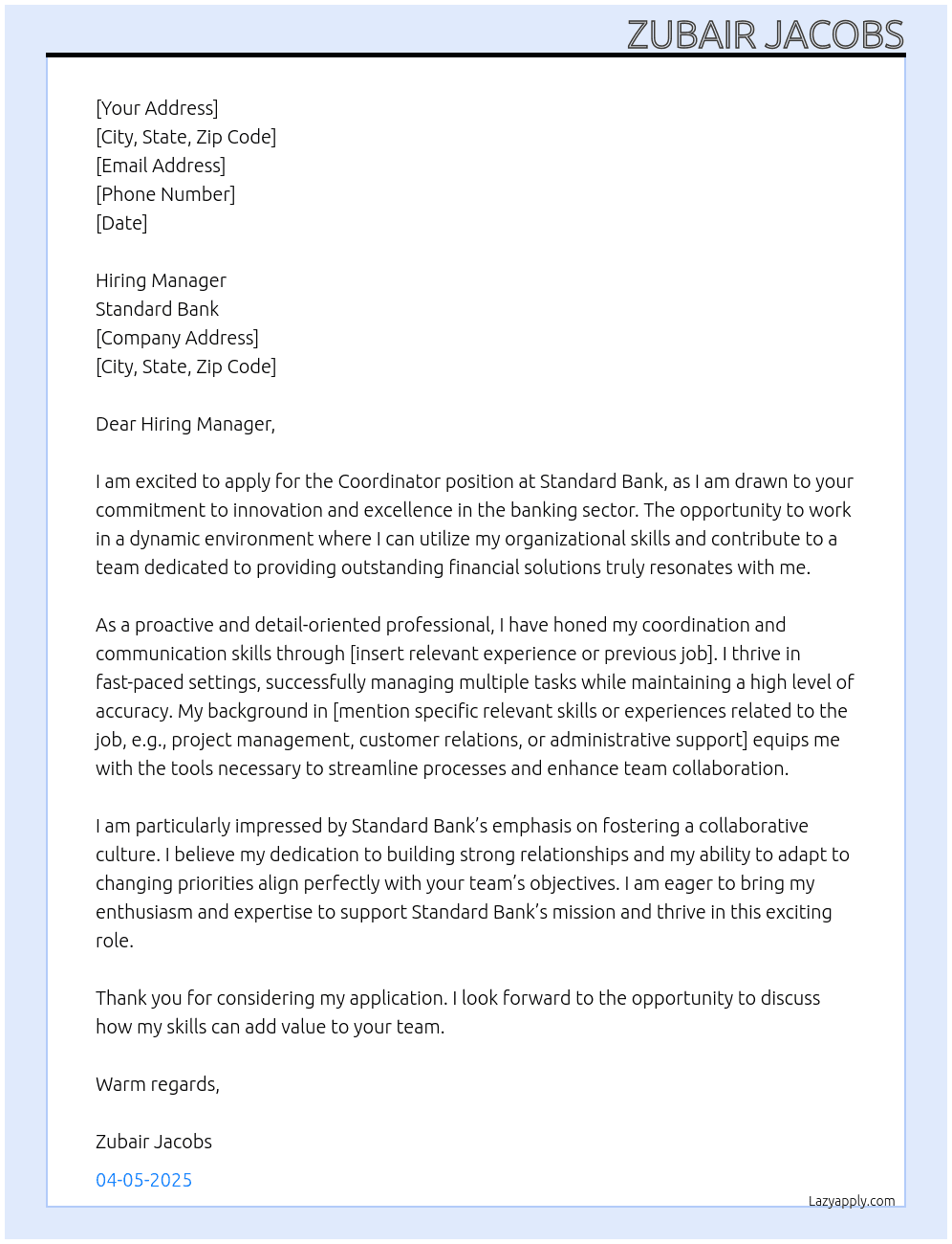 Coordinator At Standard Bank Cover Letter