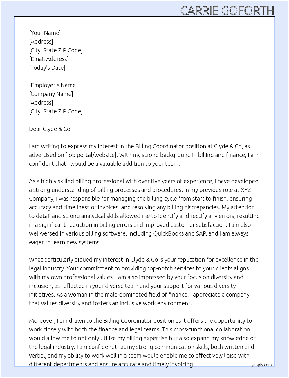 Billing Coordinator At Clyde & Co Cover Letter
