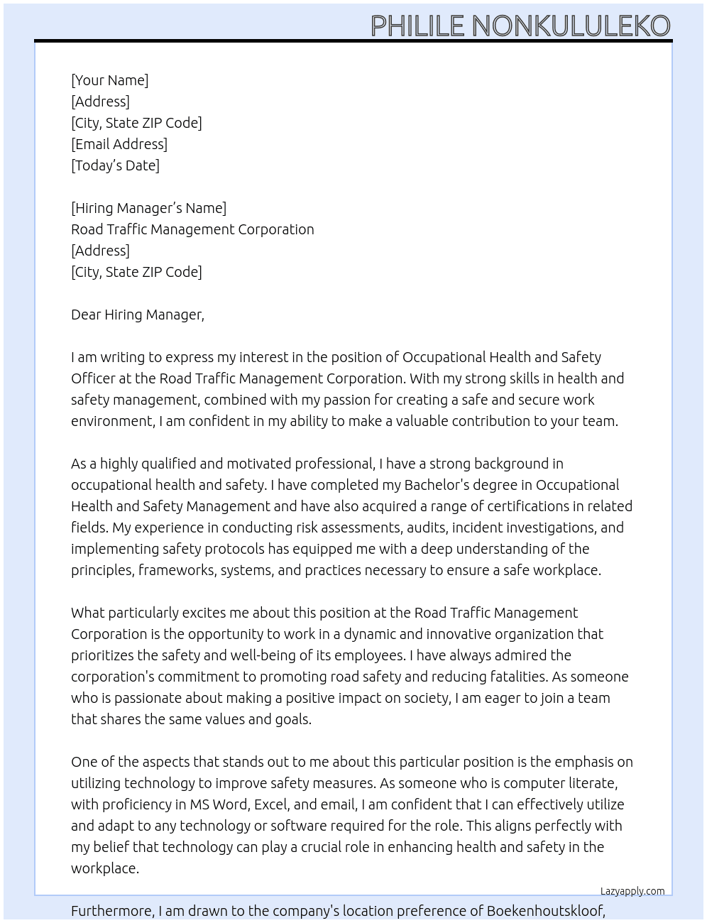 Occupational Health and Safety Officer  At Road Traffic Management Corporation Cover Letter