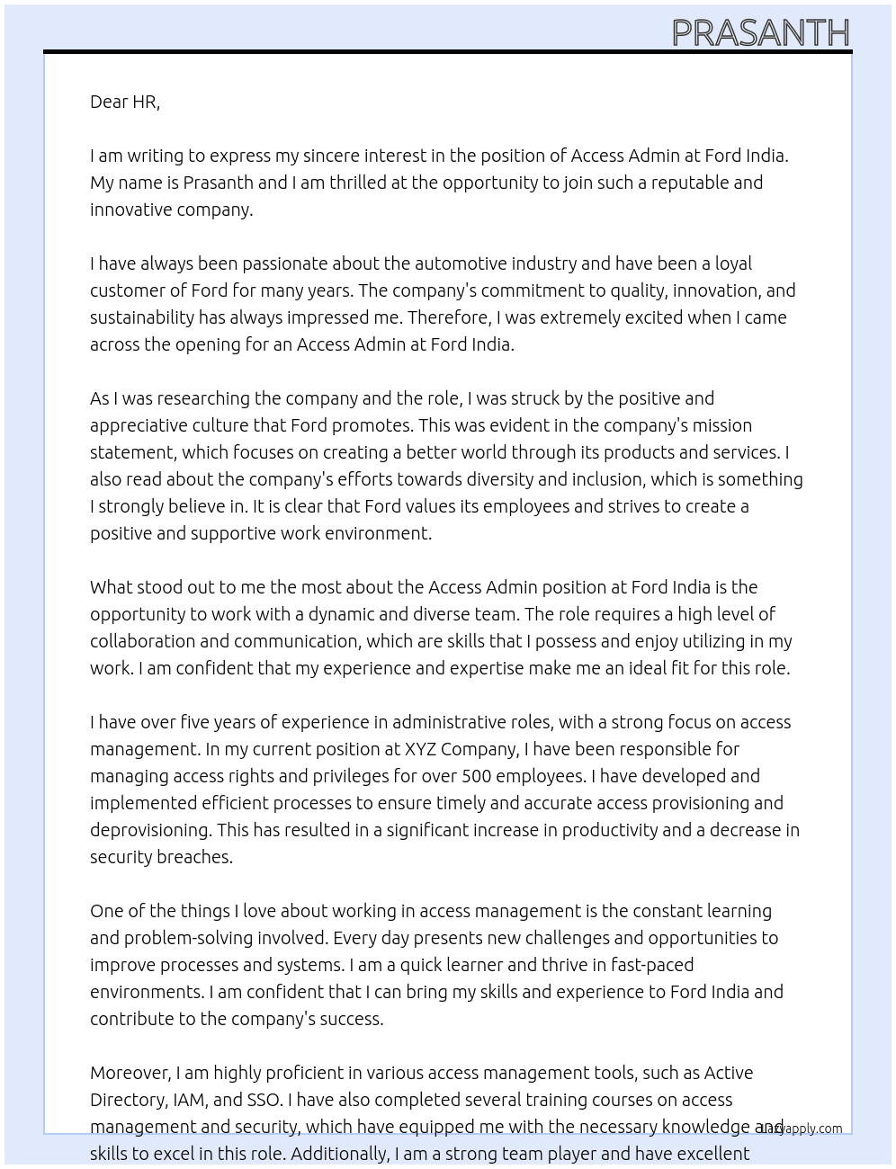 Access Admin At Ford India Cover Letter