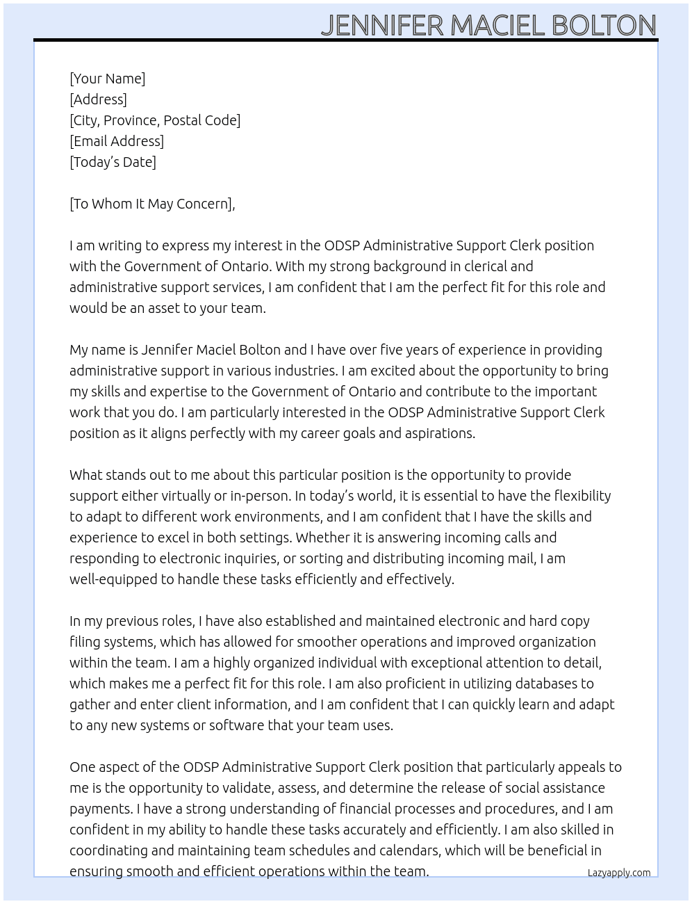 ODSP Administrative Support Clerk At Government of Ontario Cover Letter
