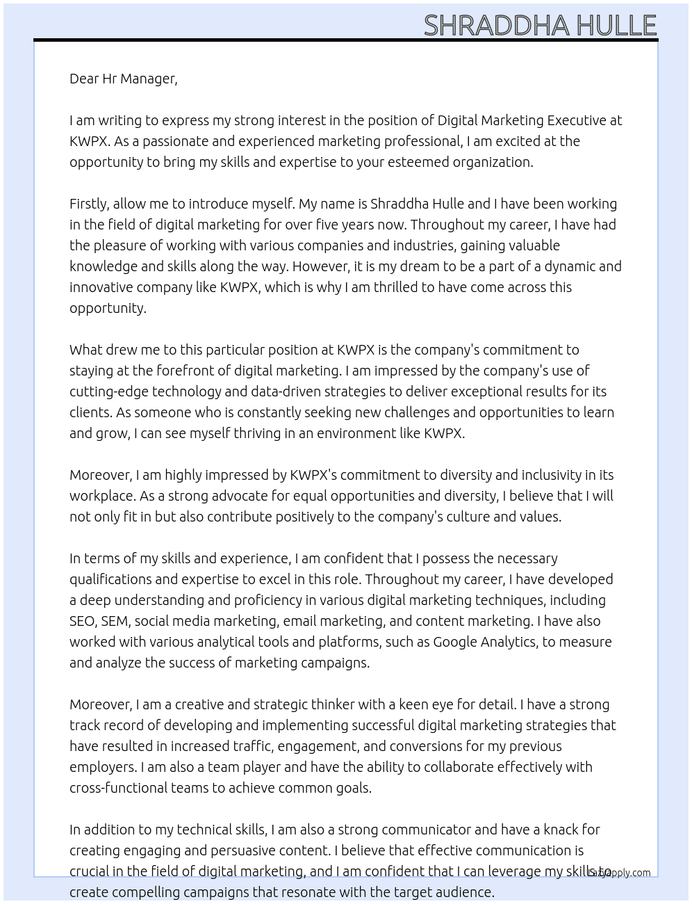 Digital marketing executives At KWPX Cover Letter