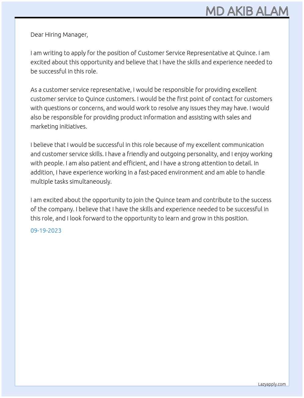 Customer Service Representative At Quince Cover Letter