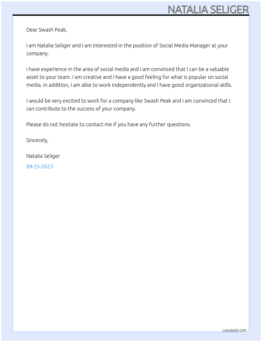 Social Media Manager At Swash Peak Cover Letter