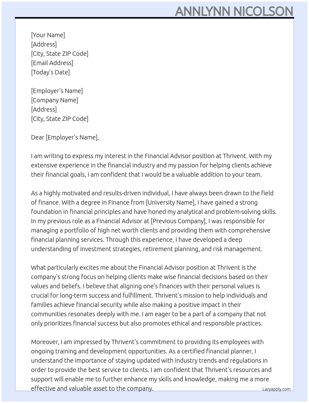 Financial Advisor  At Thrivent  Cover Letter