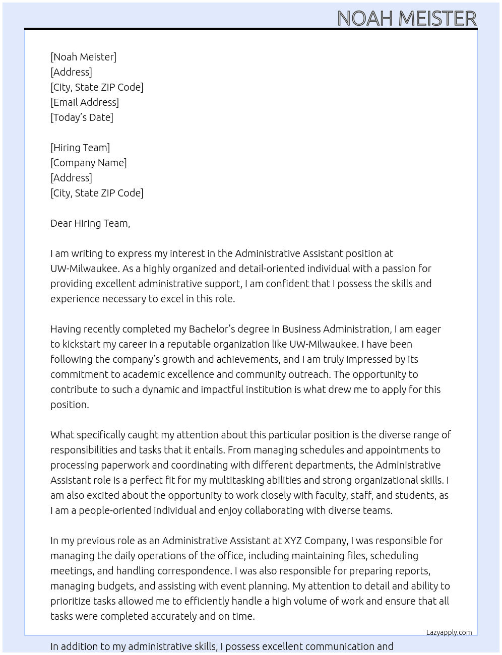 Administrative Assistant At UW- Milwaukee Cover Letter
