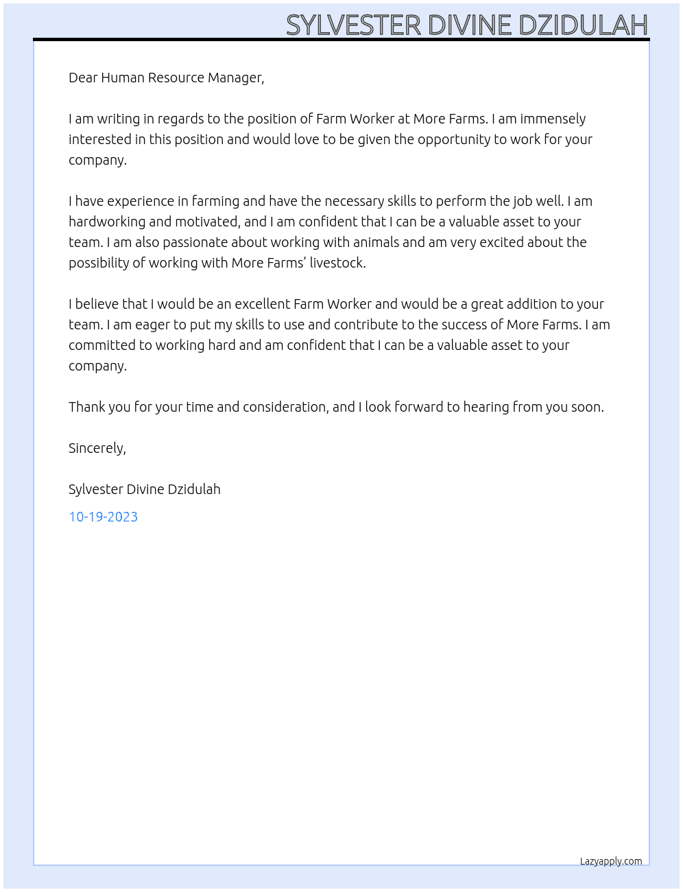 FARM WORKER At MORE FARMS Cover Letter