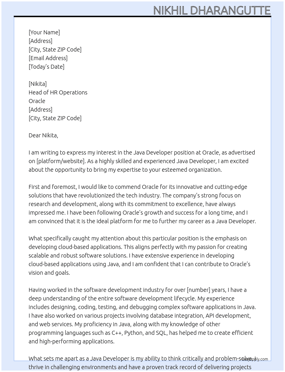 Cover letter for java devlopr - LazyApply