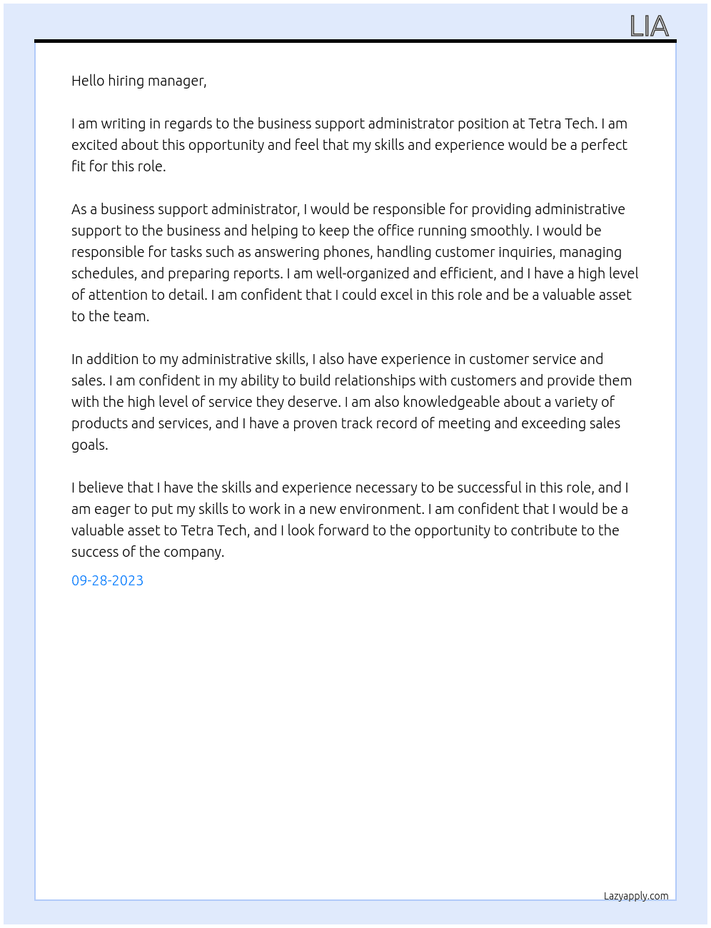 business support administrator At Tetra Tech Cover Letter