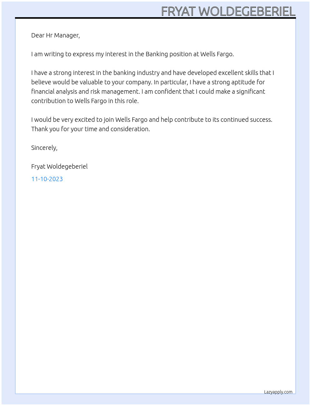 Banking At Wells Fargo Cover Letter