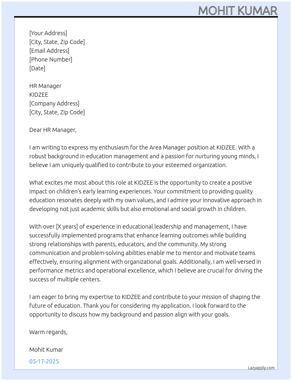 Area Manager At KIDZEE Cover Letter