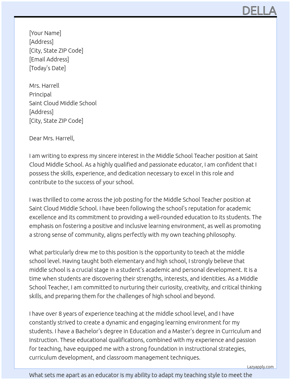 MIDDLE SCHOOL TEACHER At Saint Cloud Middle School Cover Letter