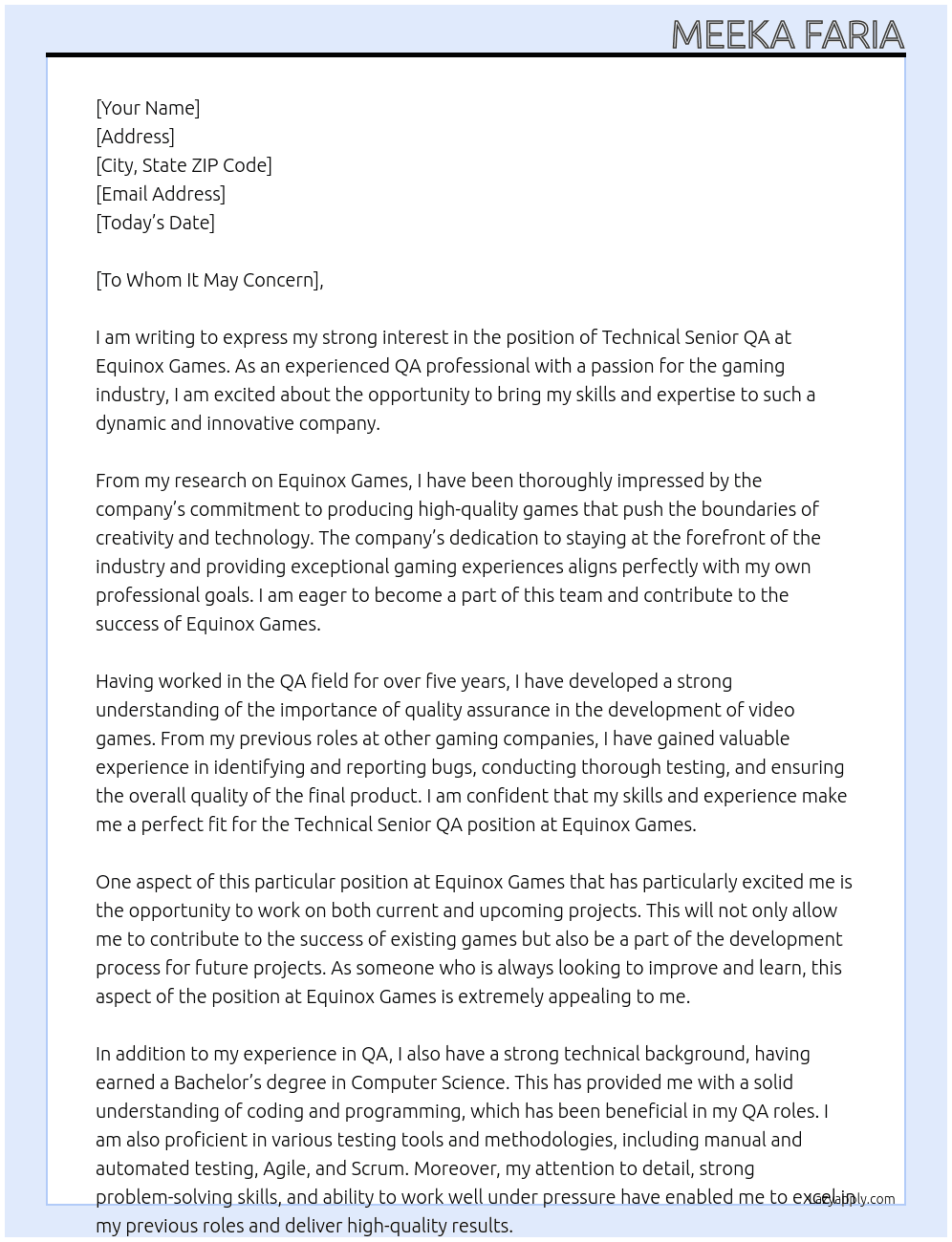 Technical Senior QA At Equinox Games Cover Letter