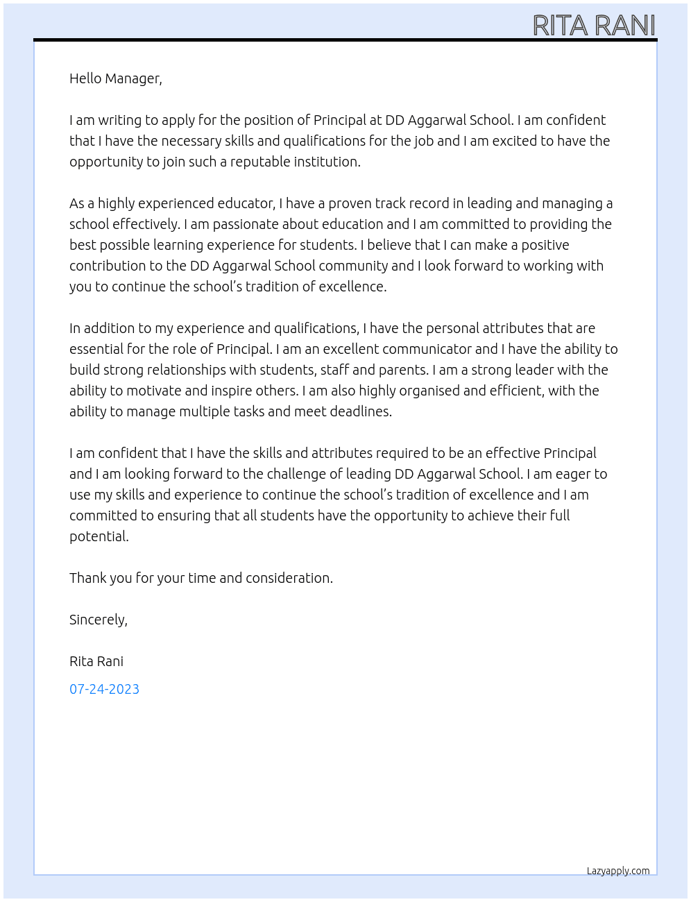 Principal  At DD Aggarwal Schoool  Cover Letter