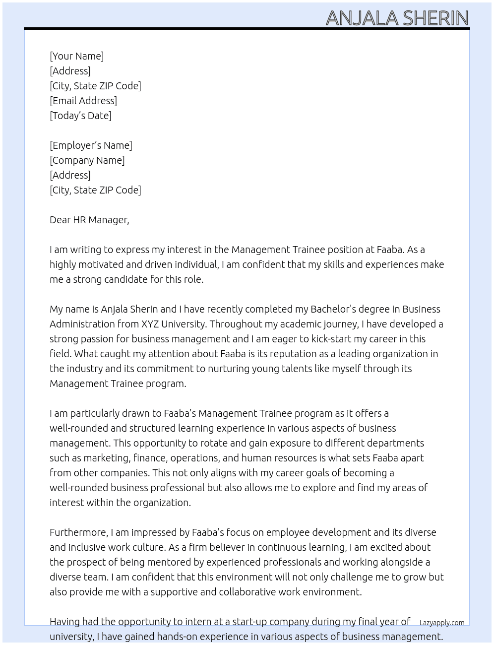 Management trainee At Faaba  Cover Letter