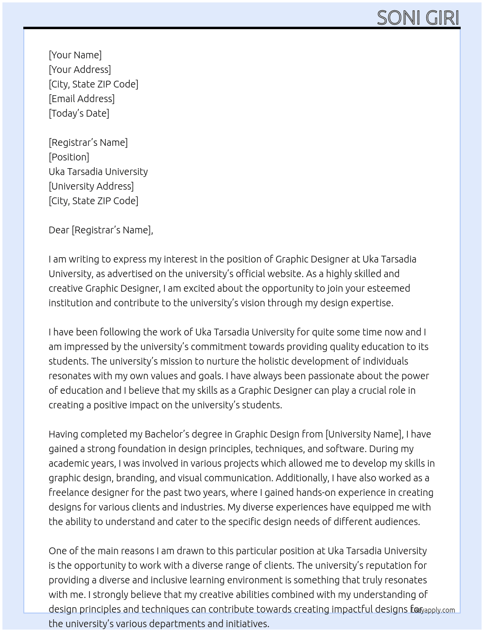 Graphic Designer At Uka Tarsadia University Cover Letter