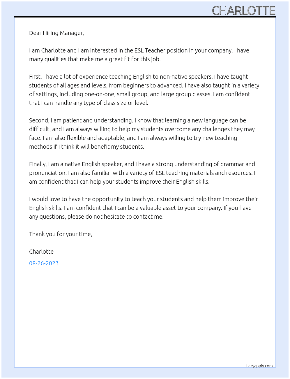 ESL Teacher At Any company Cover Letter