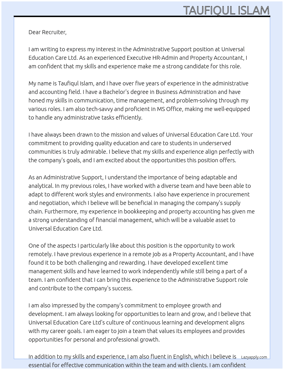 Administrative Support At Universal Education Care Ltd Cover Letter