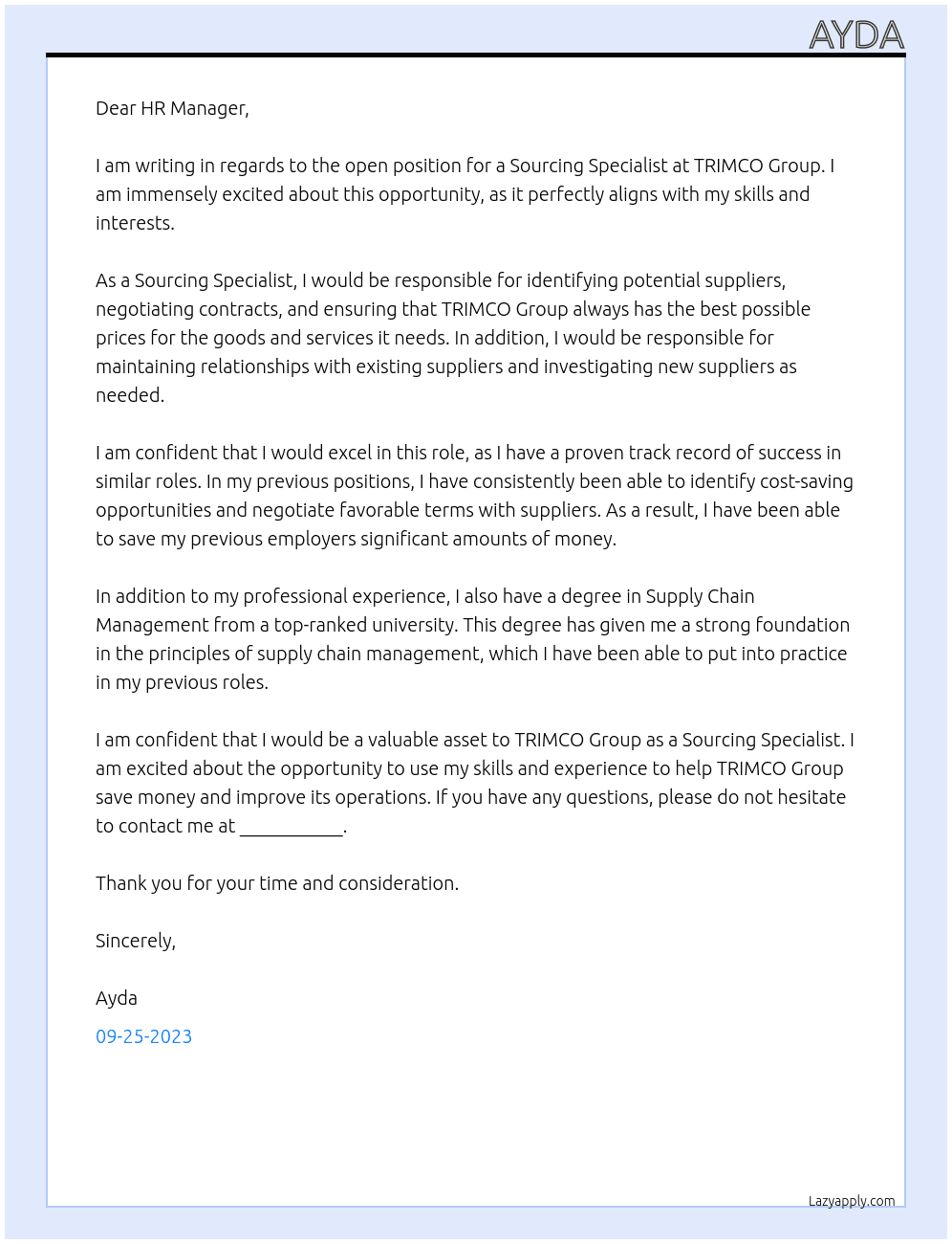 Sourcing Specialist At TRIMCO Group Cover Letter