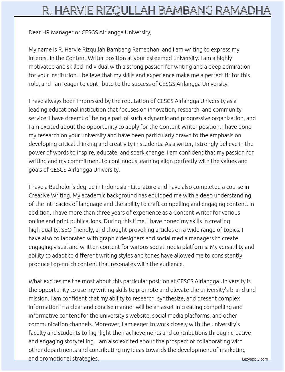 Content Writer At CESGS Airlangga University Cover Letter