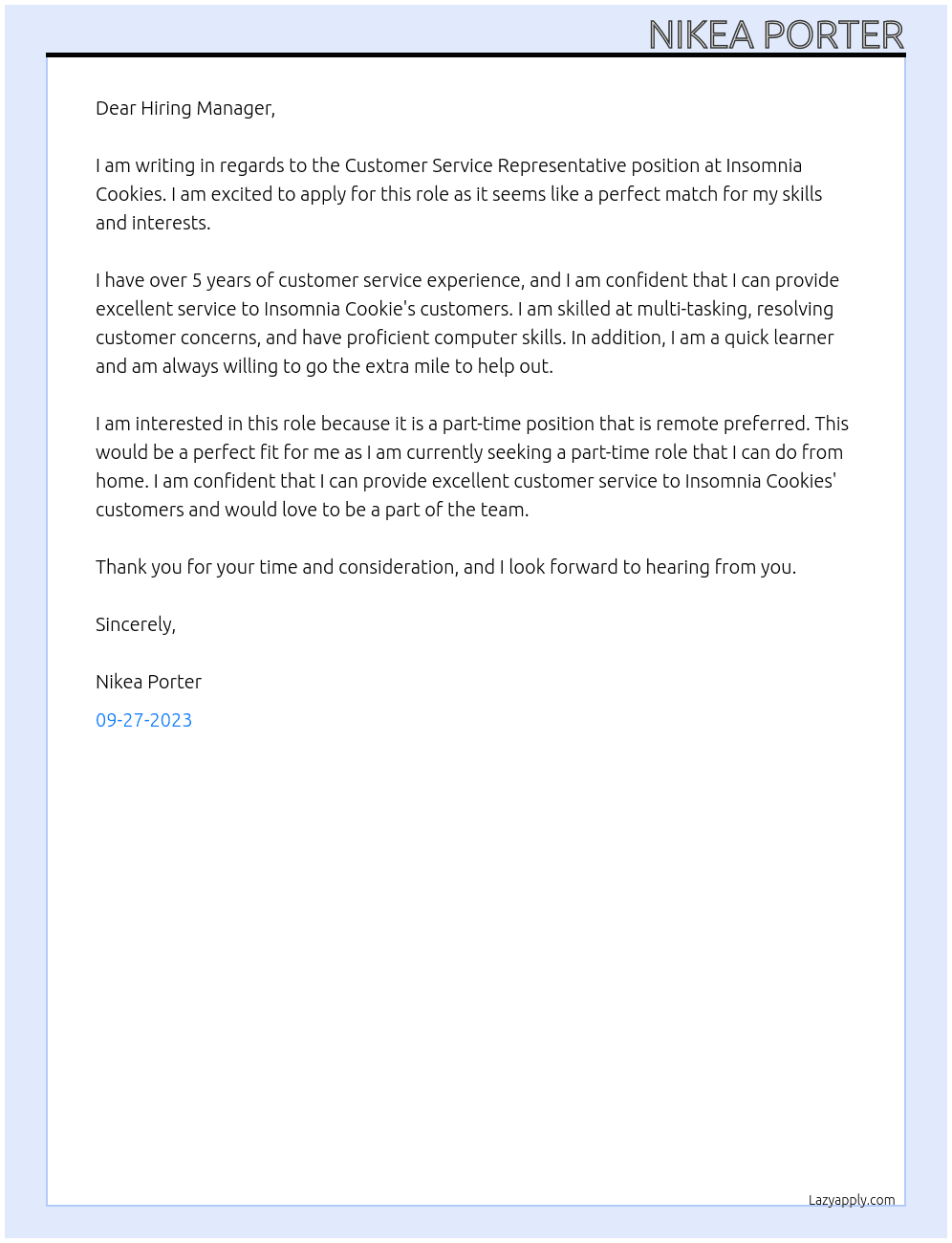 Customer Service Representative At Insomnia Cookies Cover Letter