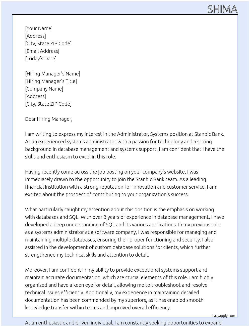 Administrator, Systems At Stanbic Bank Cover Letter