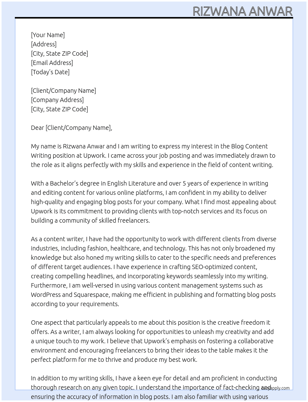 Cover letter for blog content writing - LazyApply