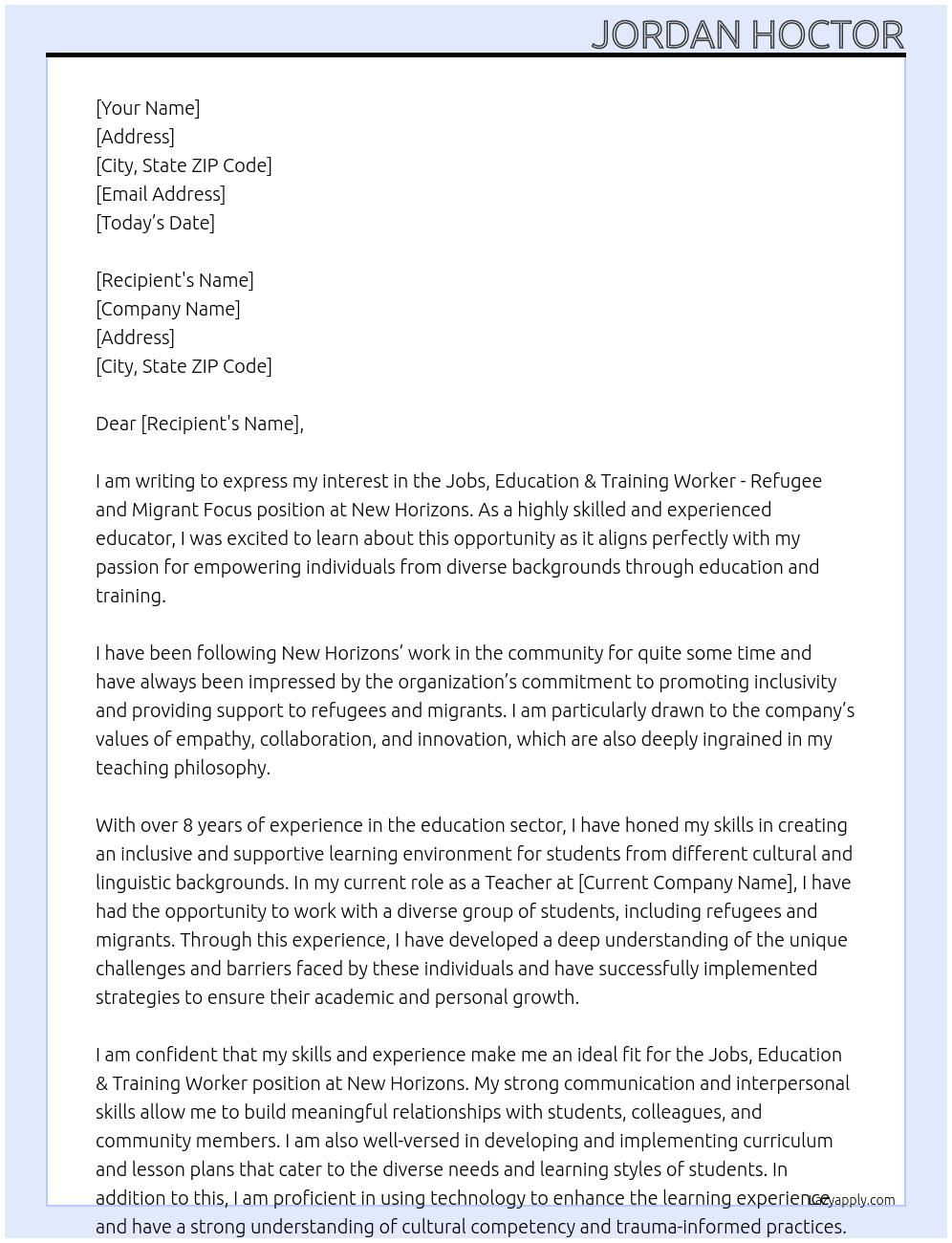 Jobs, Education & Training Worker - Refugee and Migrant Focus At New horizons Cover Letter