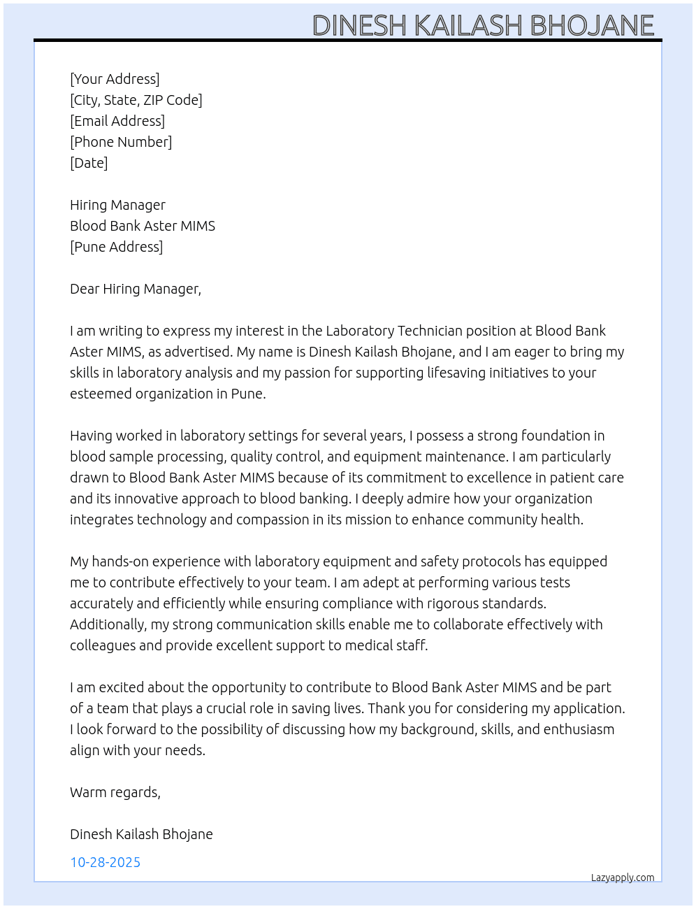 Laboratory technician  At Blood bank Aster MIMS Cover Letter