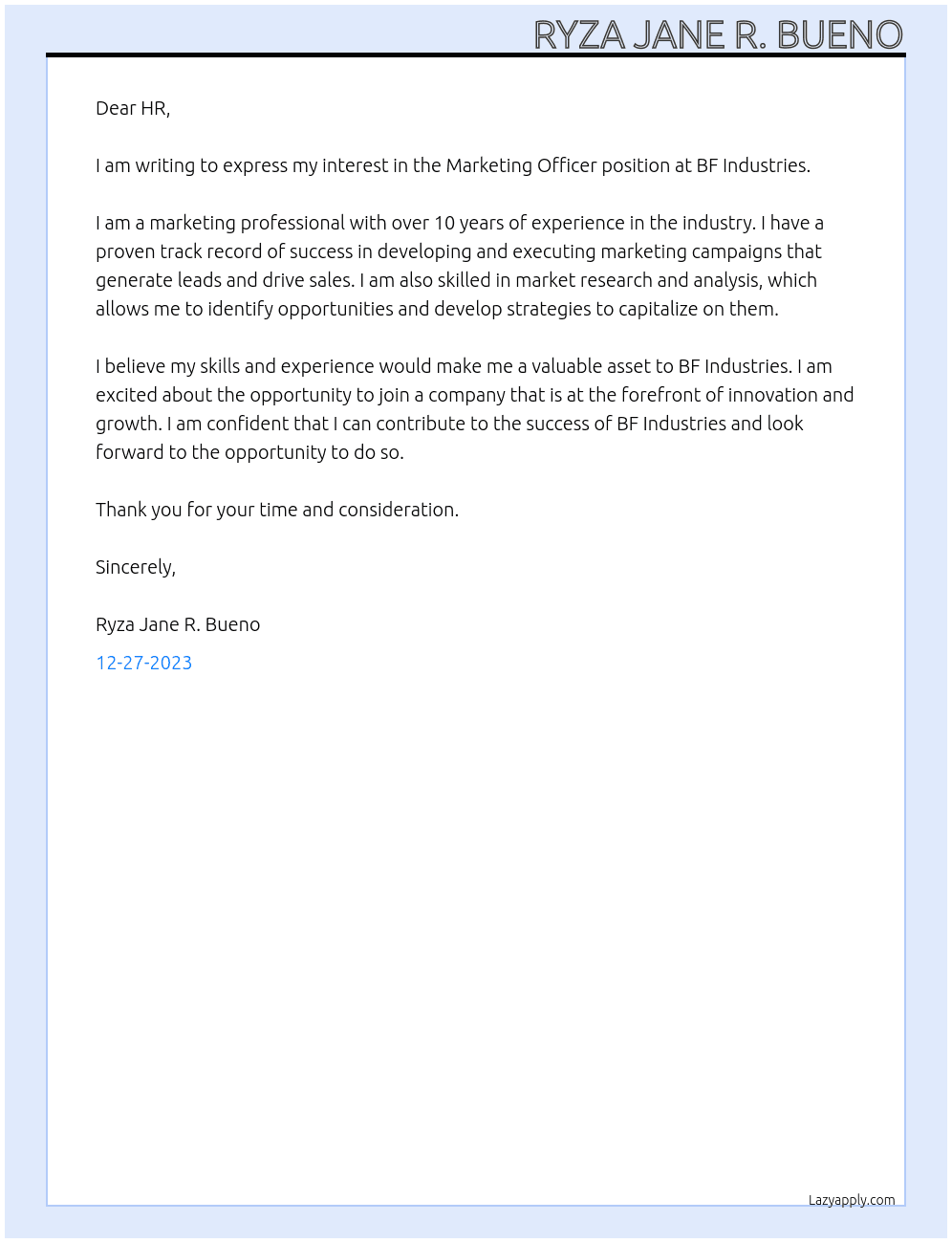 Marketinf Officer At BF Industries Cover Letter